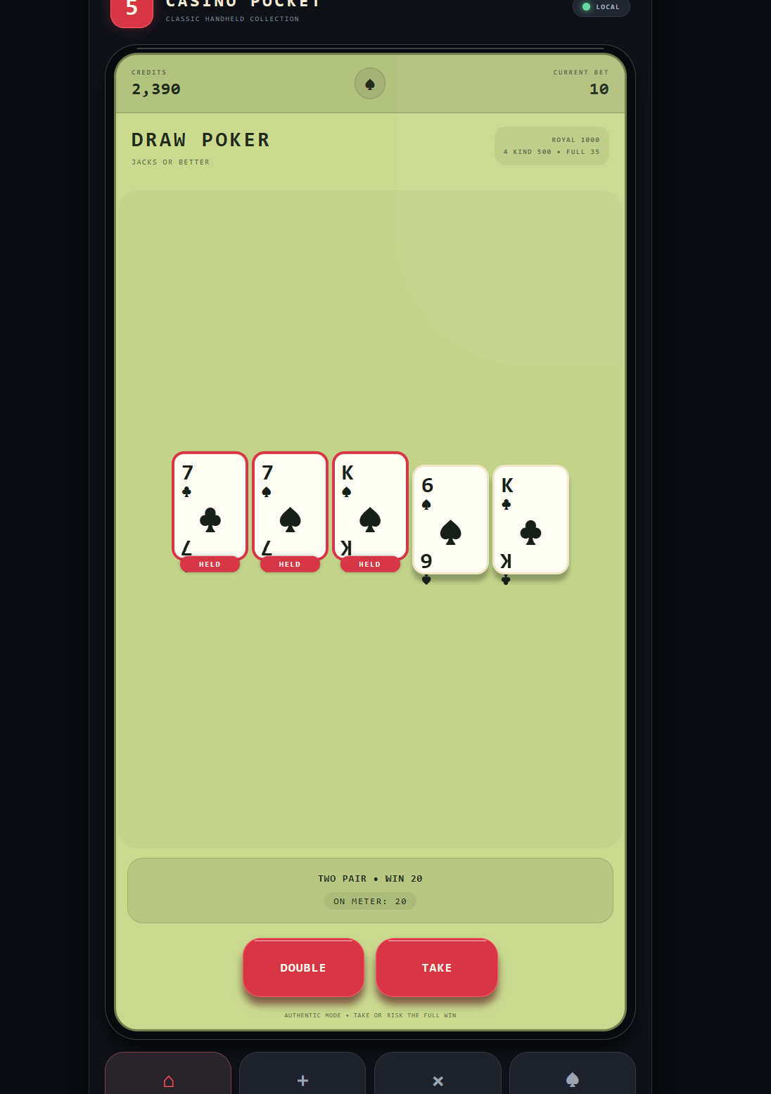 Draw Poker showing a two-pair hand and Double and Take controls
