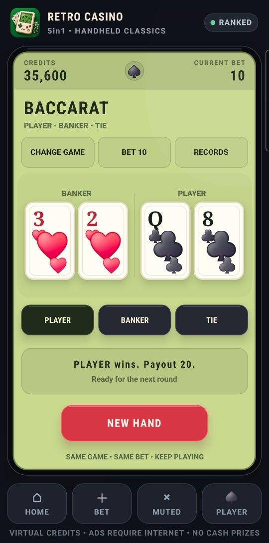 Baccarat on an Android phone: the banker holds 3 and 2 of hearts, the player holds a queen and 8 of clubs, and the message reads Player wins