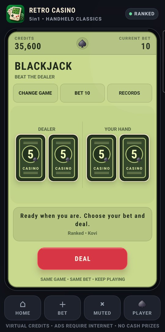 Blackjack on an Android phone: dealer and player cards face down, Change game, Bet 10 and Records keys, and a red Deal button