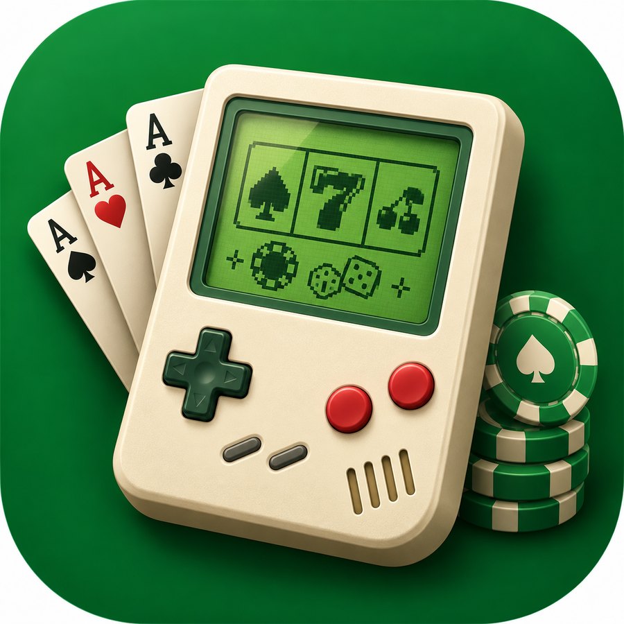 Retro Casino 5in1 artwork: a cream handheld console with a green LCD, playing cards and chips