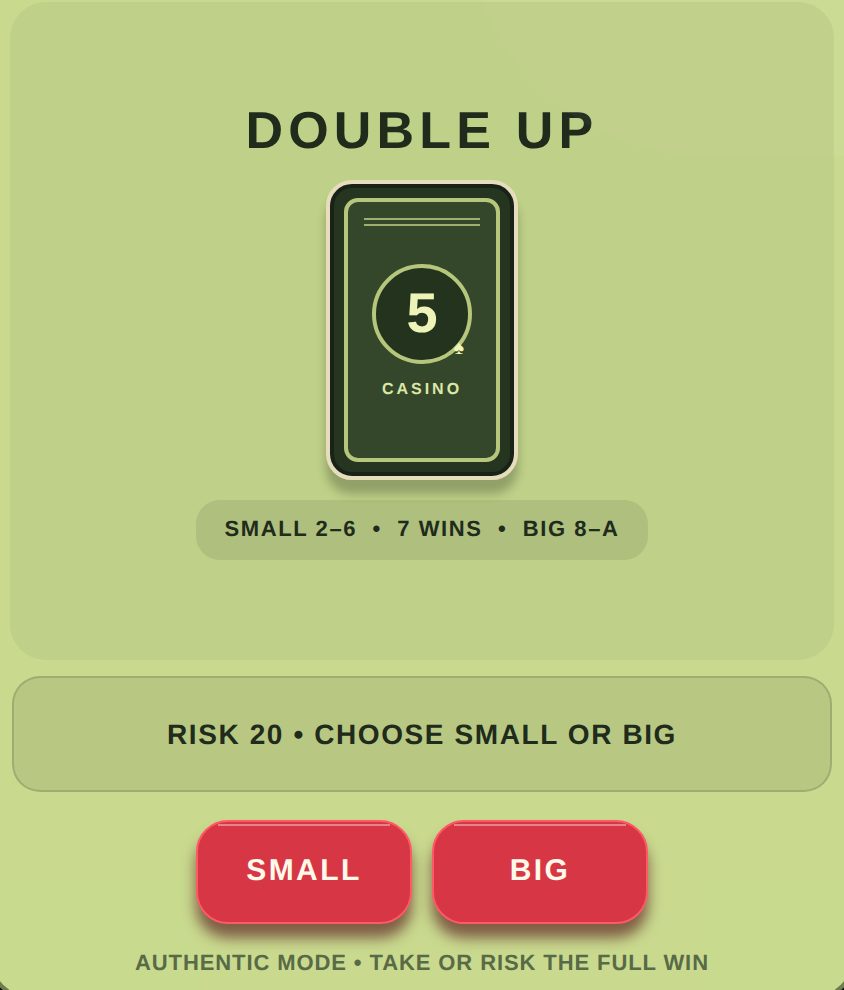 Double Up in Retro Casino: one face-down card above the guide SMALL 2 to 6, 7 WINS, BIG 8 to A, the message RISK 20, CHOOSE SMALL OR BIG, and red SMALL and BIG buttons