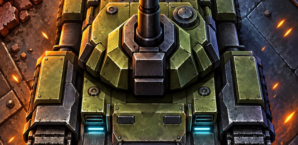 TankForge artwork: a heavy tank seen head-on, glowing lights and sparks around it