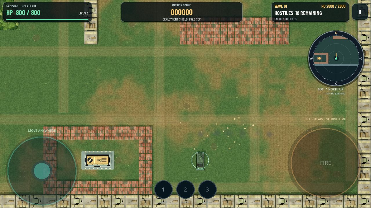 Overhead campaign battlefield with a player tank, command post, destructible walls, health, mission score, minimap and touch controls