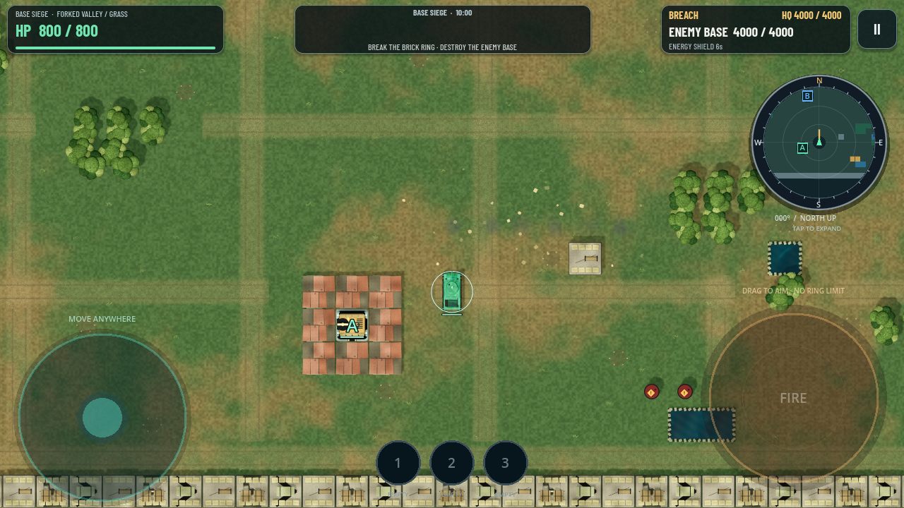 Base Siege battlefield with defended headquarters, enemy-base objective, minimap and mobile controls