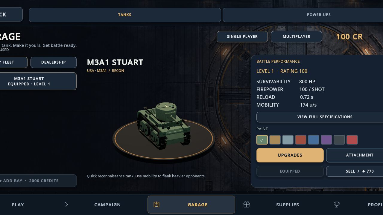 TankForge garage interface showing a selected tank, its specifications and progression controls