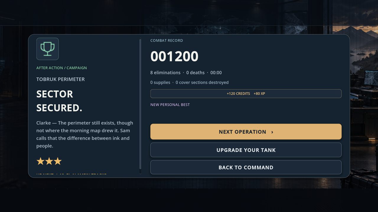 Campaign victory result screen showing the Tobruk debrief, combat record, rewards and next-operation controls